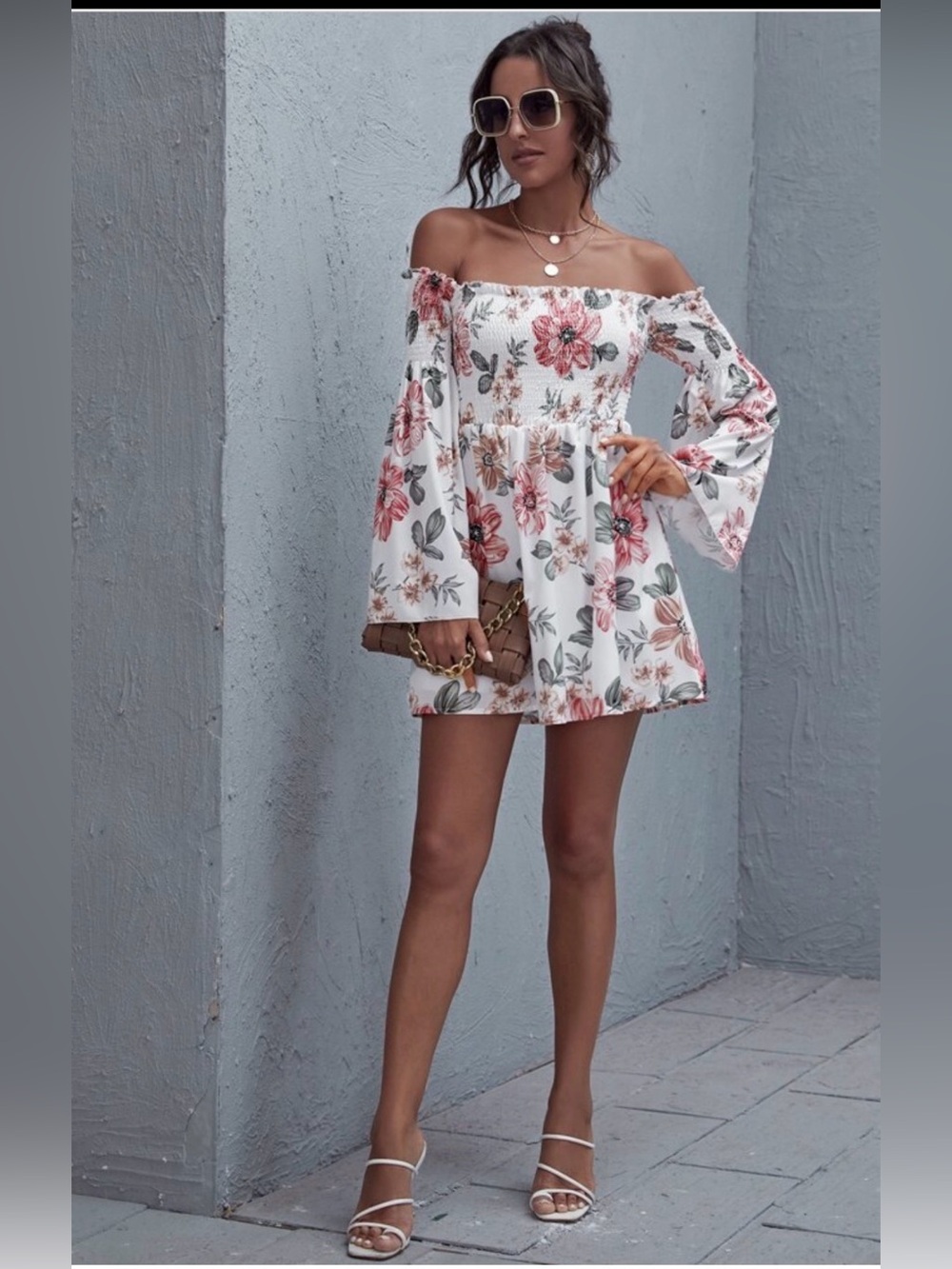 Off-Shoulder White Floral Mini Dress